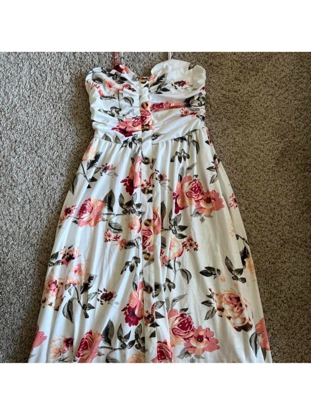 White floral midi dress with pink and red roses and green leaves